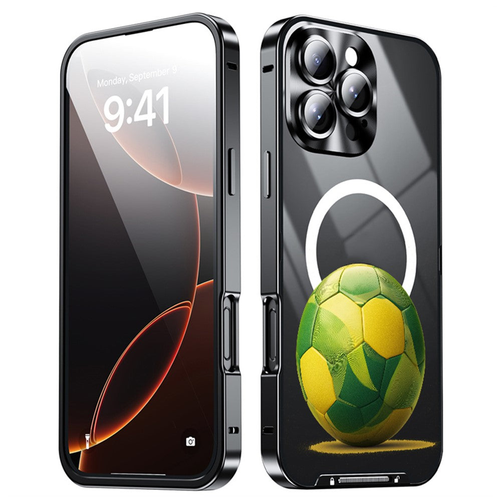 For iPhone 16 Pro Magnetic Case Football Print Pattern PC+TPU Phone Cover with Lens Film