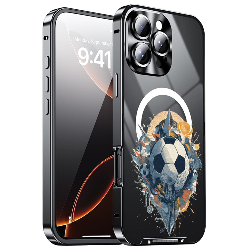 For iPhone 16 Pro Magnetic Case Football Print Pattern PC+TPU Phone Cover with Lens Film