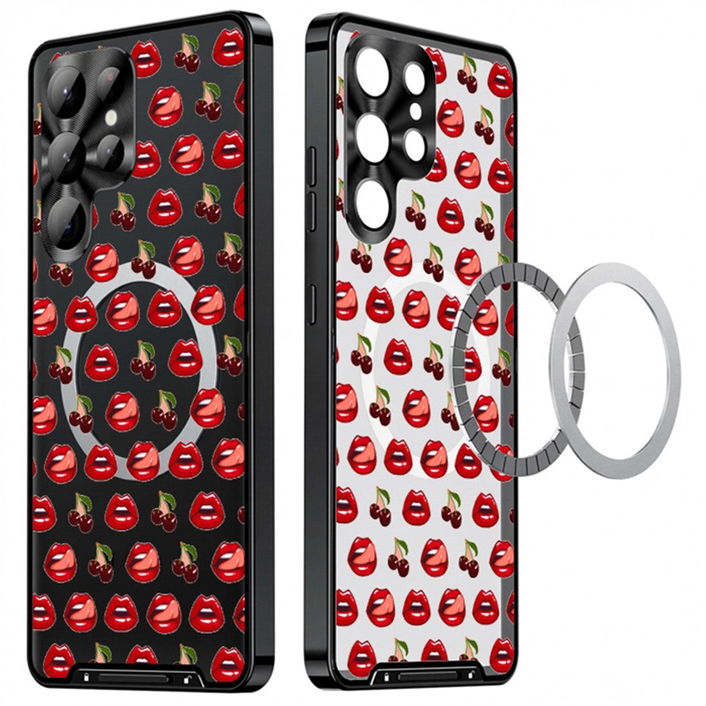 For Samsung Galaxy S25 Ultra Magnetic Case Red Lips Pattern PC TPU Phone Cover with Lens Film