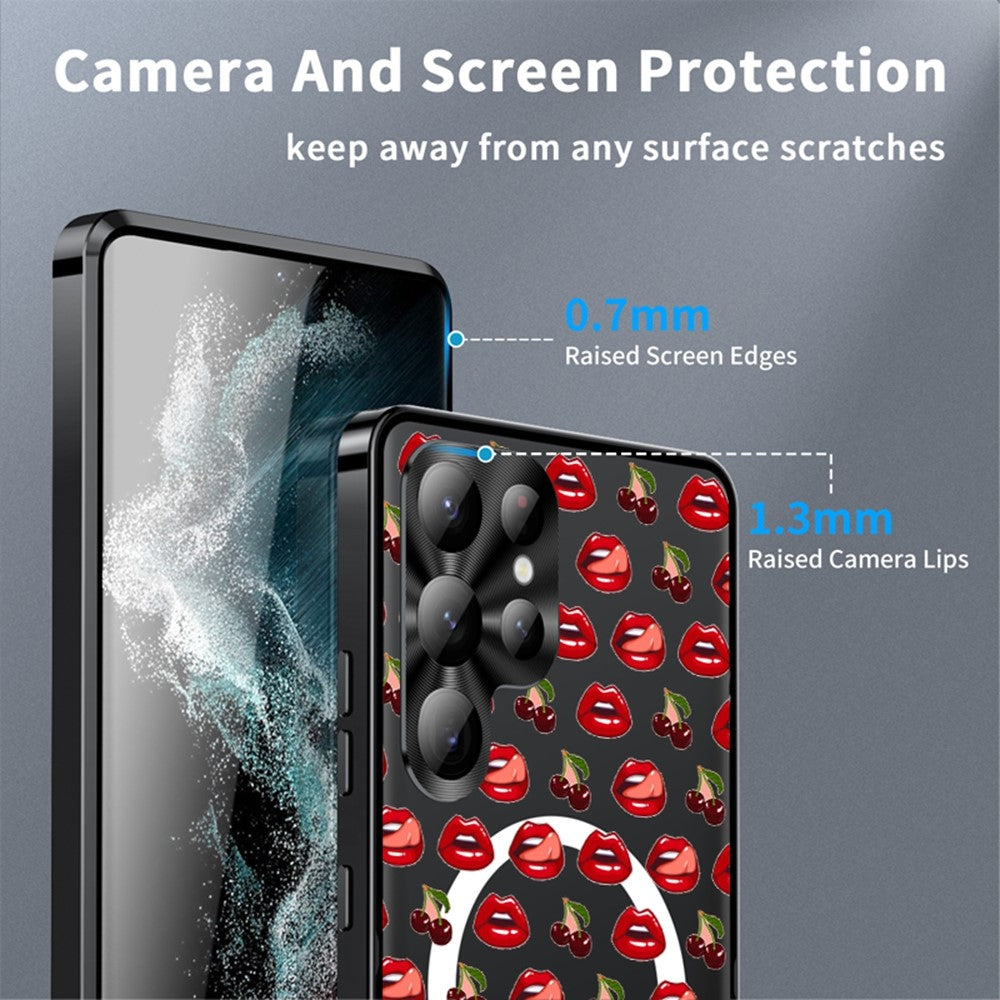 For Samsung Galaxy S25 Ultra Magnetic Case Red Lips Pattern PC TPU Phone Cover with Lens Film
