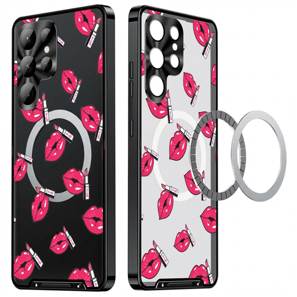 For Samsung Galaxy S25 Ultra Magnetic Case Red Lips Pattern PC TPU Phone Cover with Lens Film