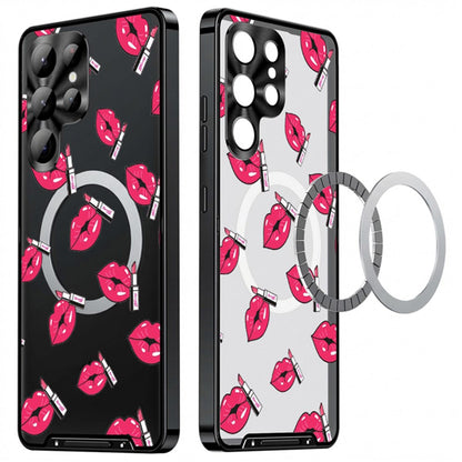For Samsung Galaxy S25 Ultra Magnetic Case Red Lips Pattern PC TPU Phone Cover with Lens Film