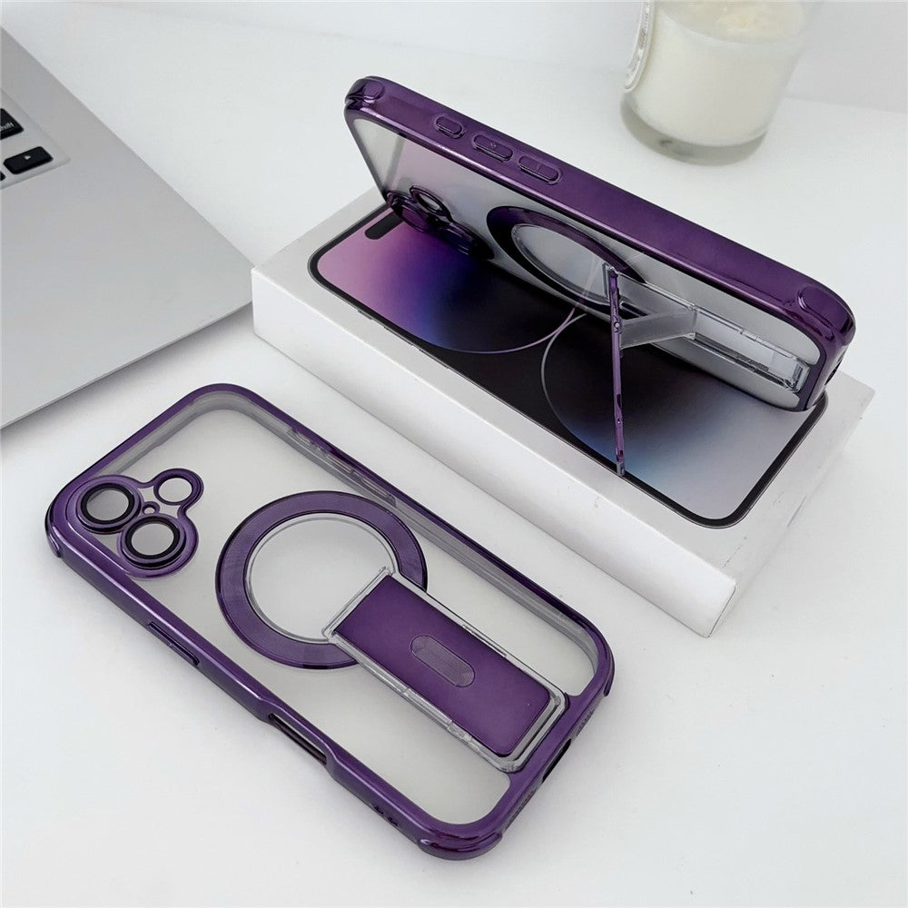For iPhone 16 Magnetic Case Electroplated Kickstand PC+TPU Protective Cover with Lens Film