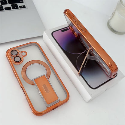 For iPhone 16 Magnetic Case Electroplated Kickstand PC+TPU Protective Cover with Lens Film