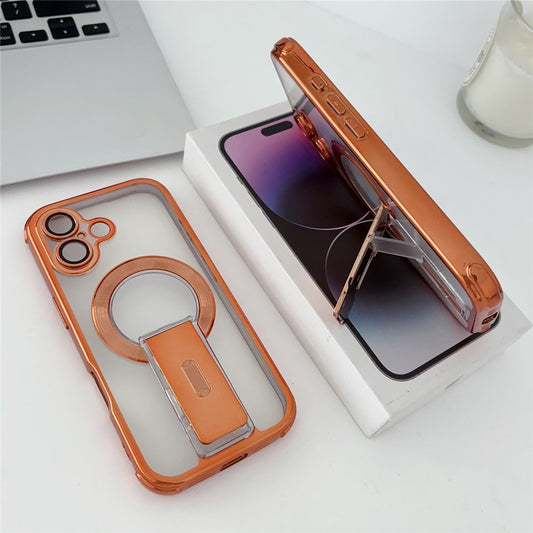 For iPhone 16 Magnetic Case Electroplated Kickstand PC+TPU Protective Cover with Lens Film