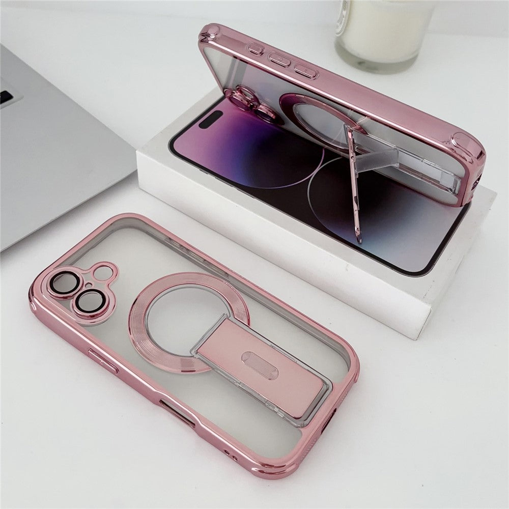 For iPhone 16 Magnetic Case Electroplated Kickstand PC+TPU Protective Cover with Lens Film