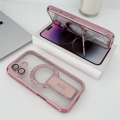 For iPhone 16 Magnetic Case Electroplated Kickstand PC+TPU Protective Cover with Lens Film