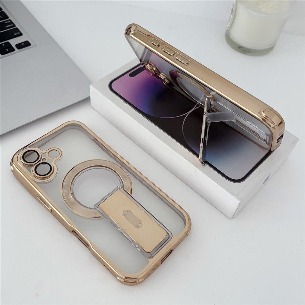 For iPhone 16 Magnetic Case Electroplated Kickstand PC+TPU Protective Cover with Lens Film