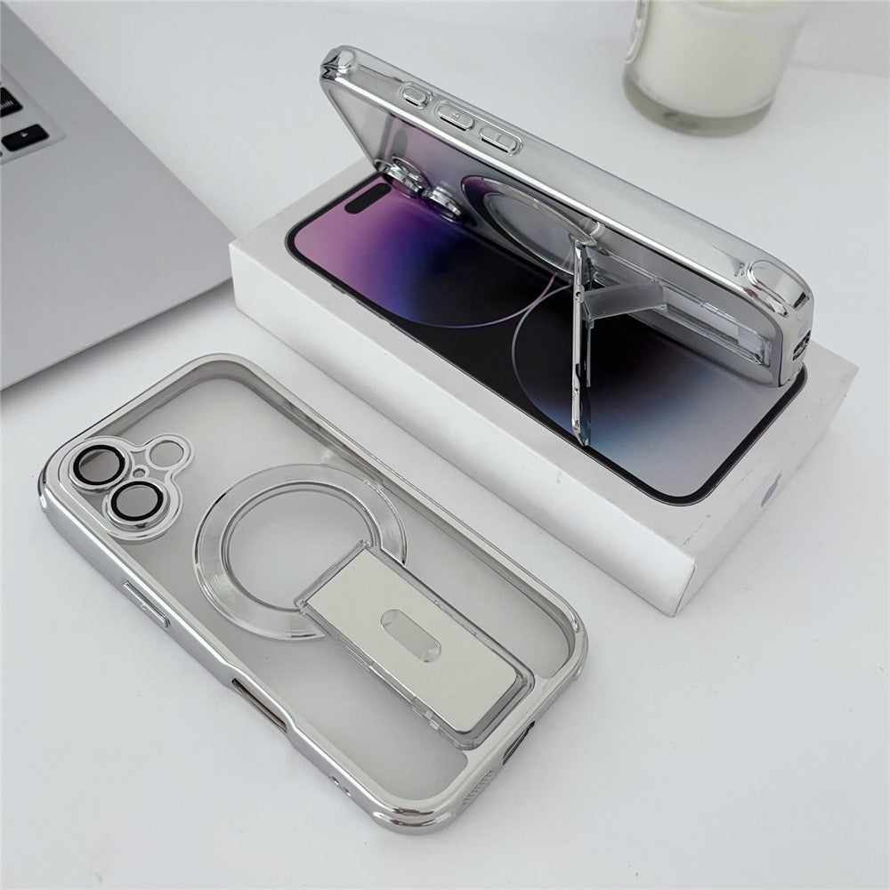 For iPhone 16 Magnetic Case Electroplated Kickstand PC+TPU Protective Cover with Lens Film