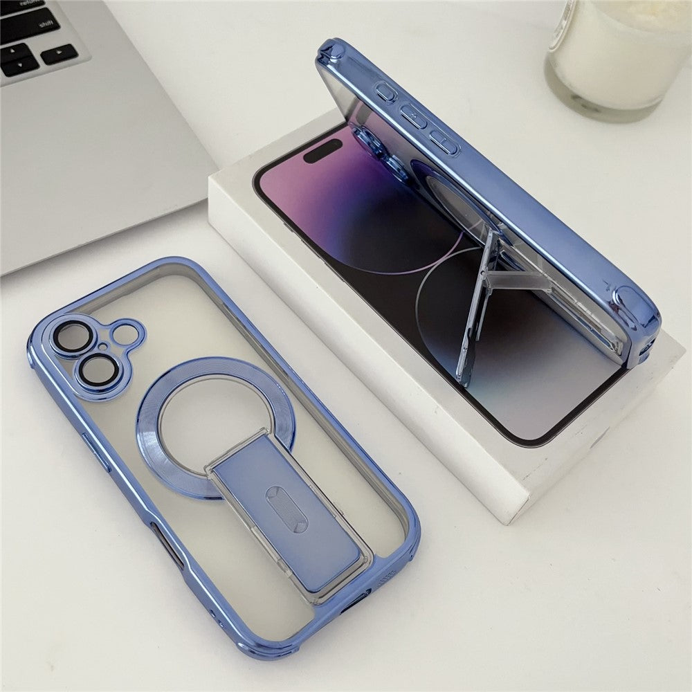 For iPhone 16 Magnetic Case Electroplated Kickstand PC+TPU Protective Cover with Lens Film