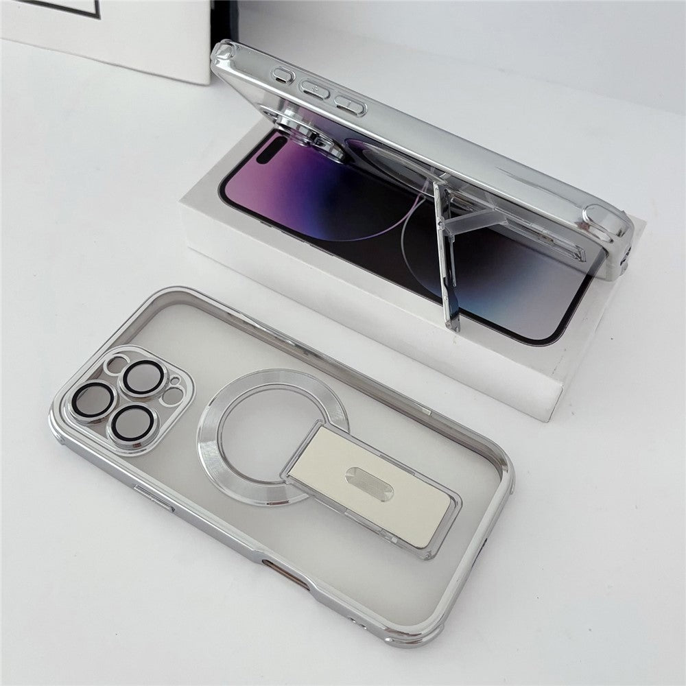 For iPhone 16 Pro Magnetic Case Electroplated Kickstand PC+TPU Protective Cover with Lens Film