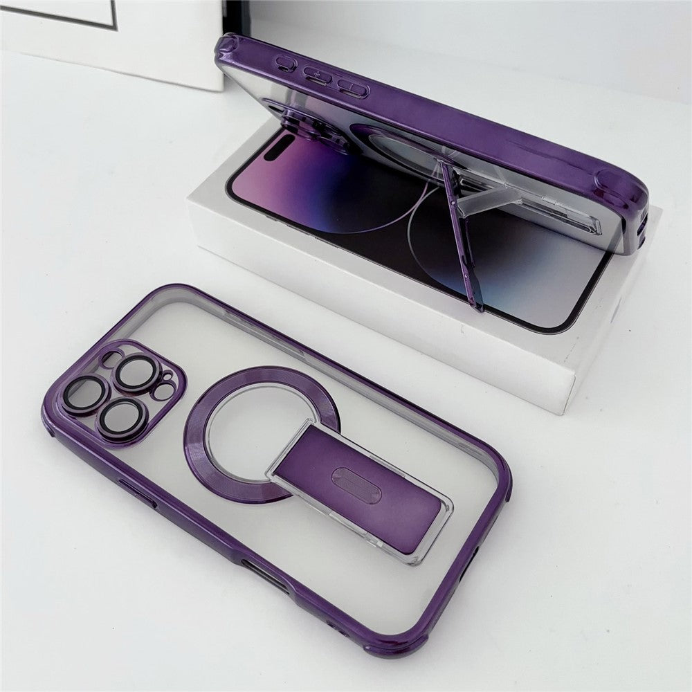 For iPhone 16 Pro Max Magnetic Case Electroplated Kickstand PC+TPU Protective Cover with Lens Film