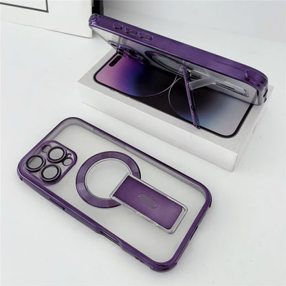 For iPhone 16 Pro Max Magnetic Case Electroplated Kickstand PC+TPU Protective Cover with Lens Film