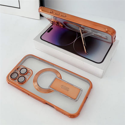 For iPhone 16 Pro Max Magnetic Case Electroplated Kickstand PC+TPU Protective Cover with Lens Film