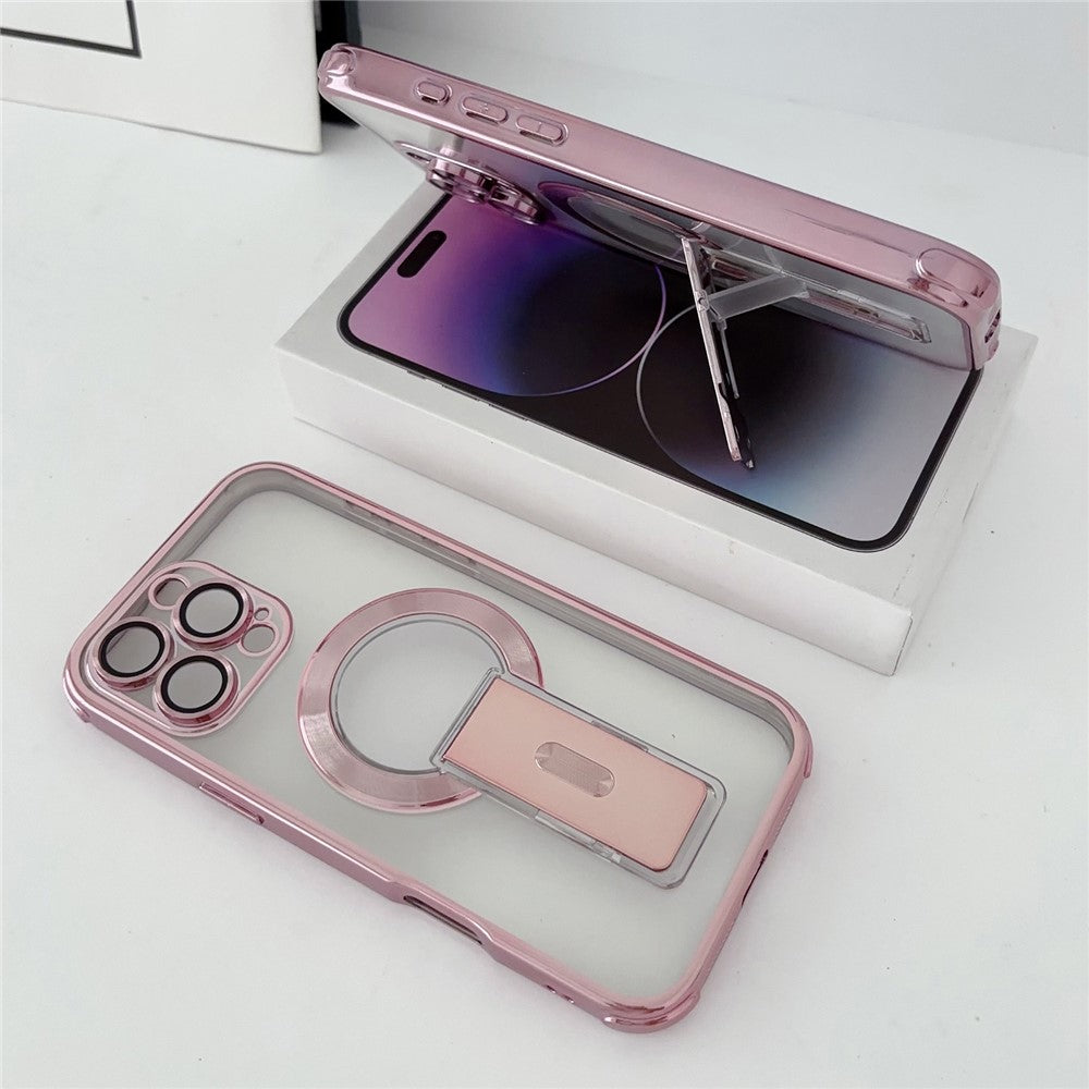 For iPhone 16 Pro Max Magnetic Case Electroplated Kickstand PC+TPU Protective Cover with Lens Film