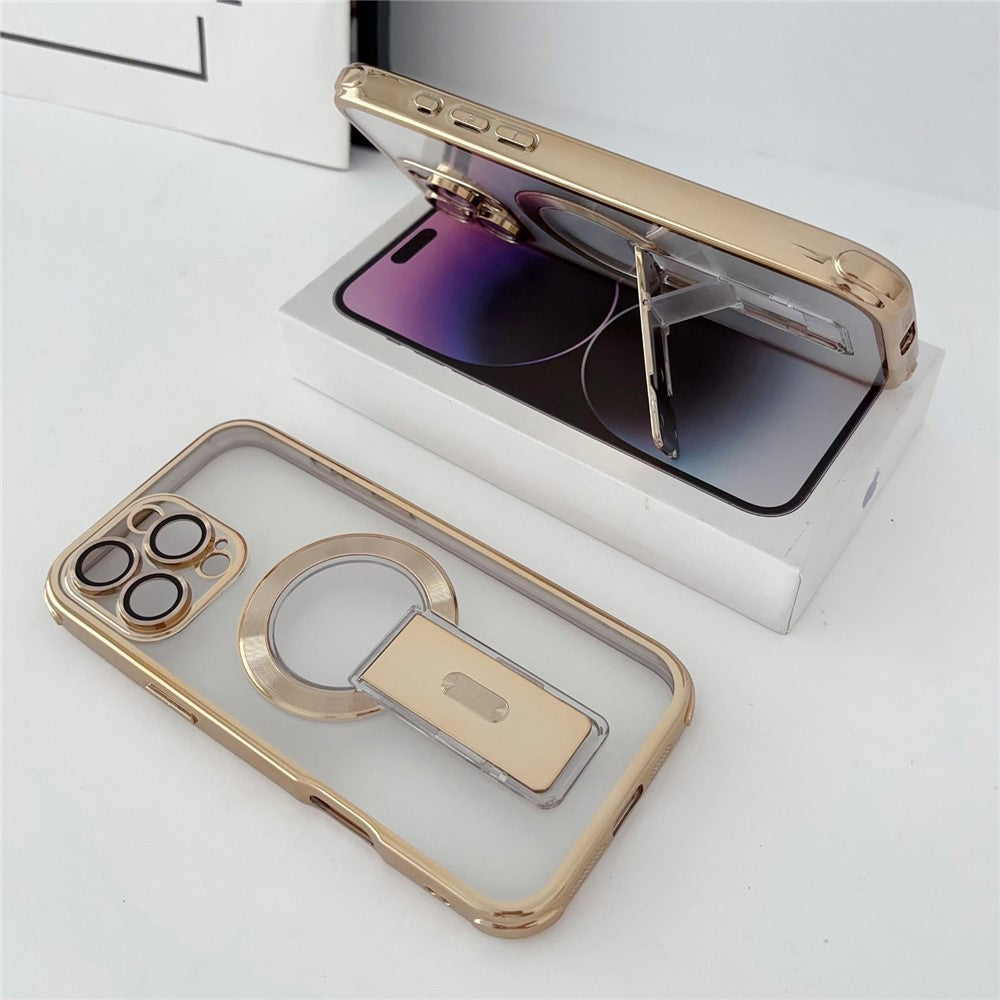 For iPhone 16 Pro Max Magnetic Case Electroplated Kickstand PC+TPU Protective Cover with Lens Film