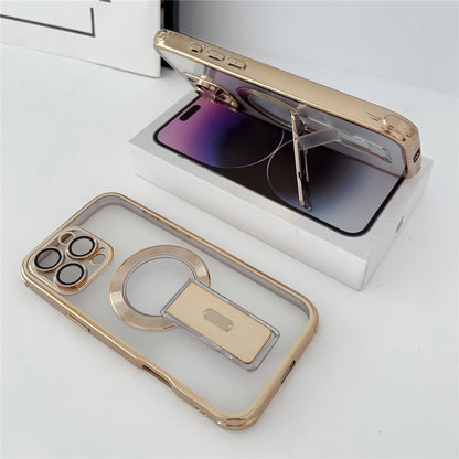 For iPhone 16 Pro Max Magnetic Case Electroplated Kickstand PC+TPU Protective Cover with Lens Film