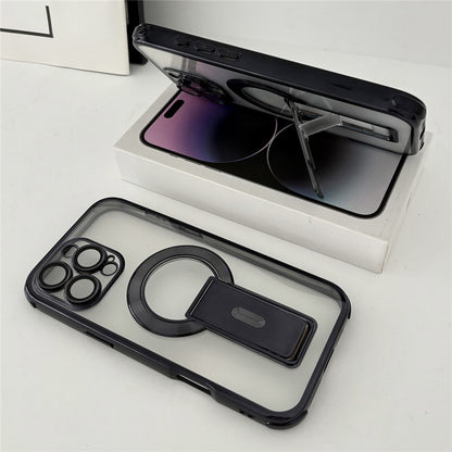 For iPhone 16 Pro Max Magnetic Case Electroplated Kickstand PC+TPU Protective Cover with Lens Film