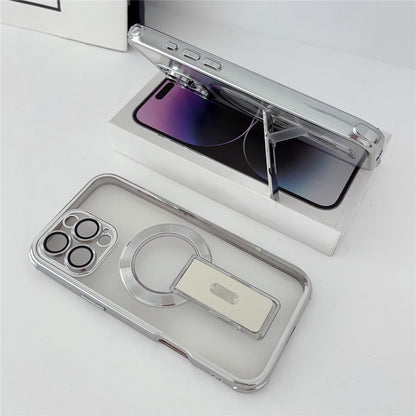 For iPhone 16 Pro Max Magnetic Case Electroplated Kickstand PC+TPU Protective Cover with Lens Film