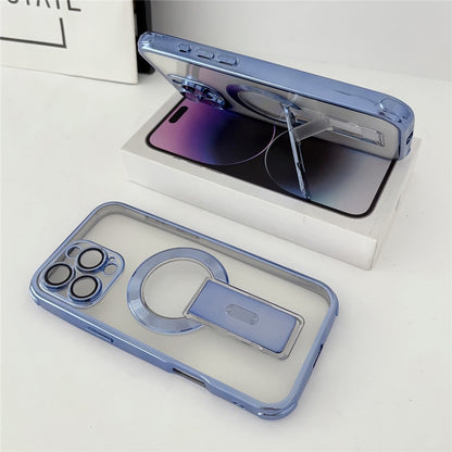 For iPhone 16 Pro Max Magnetic Case Electroplated Kickstand PC+TPU Protective Cover with Lens Film