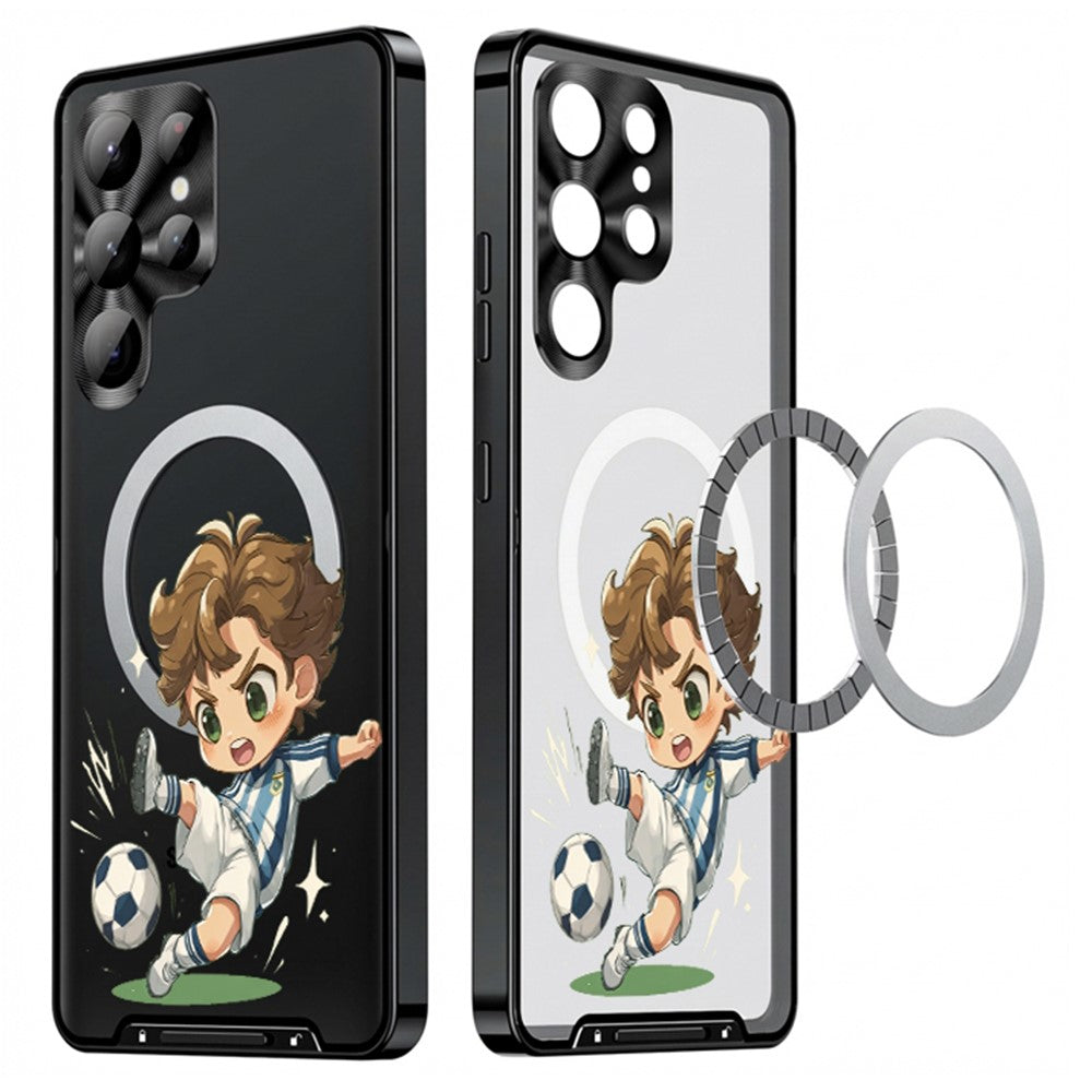 For Samsung Galaxy S25 Ultra Magnetic Case Football Pattern PC+TPU Shockproof Phone Cover with Lens Film
