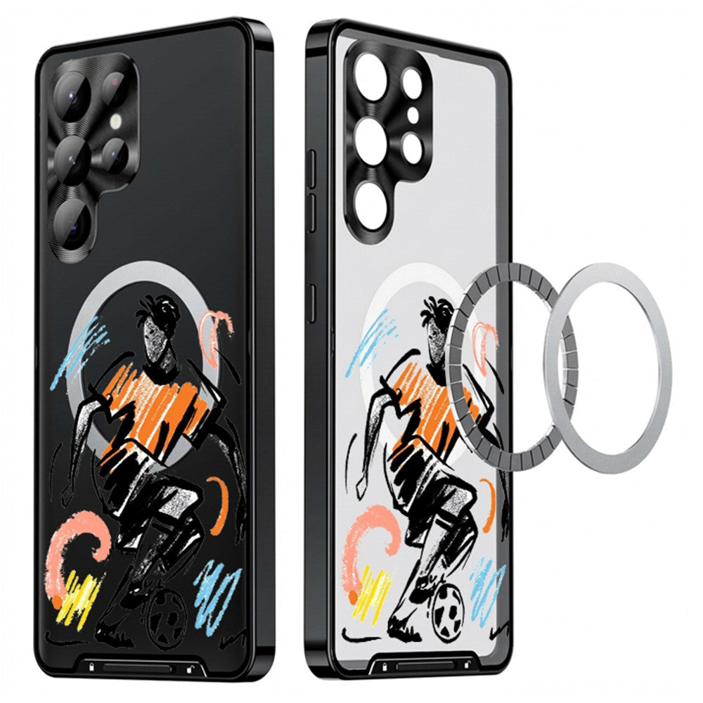 For Samsung Galaxy S25 Ultra Magnetic Case Football Pattern PC+TPU Shockproof Phone Cover with Lens Film