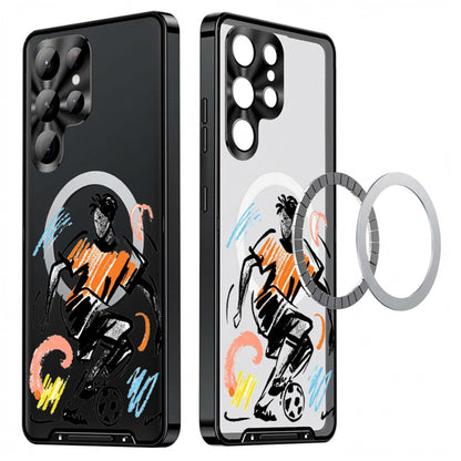For Samsung Galaxy S25 Ultra Magnetic Case Football Pattern PC+TPU Shockproof Phone Cover with Lens Film