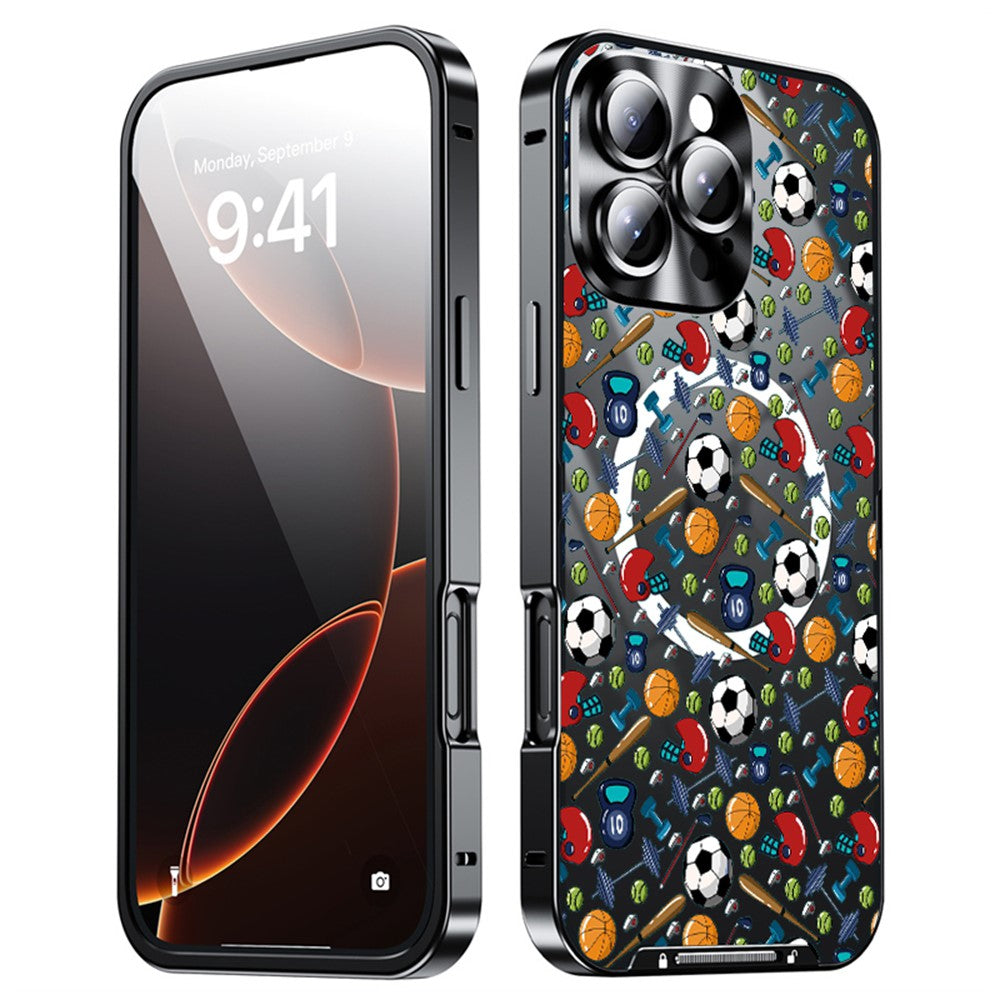 For iPhone 16 Pro Max Magnetic Case Football Pattern PC+TPU Shockproof Phone Cover with Lens Film