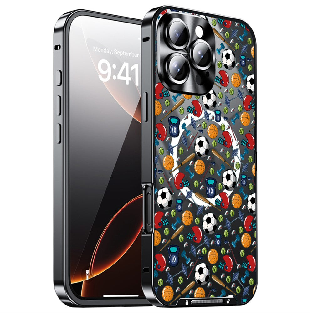 For iPhone 16 Pro Magnetic Case Football Pattern PC+TPU Shockproof Phone Cover with Lens Film