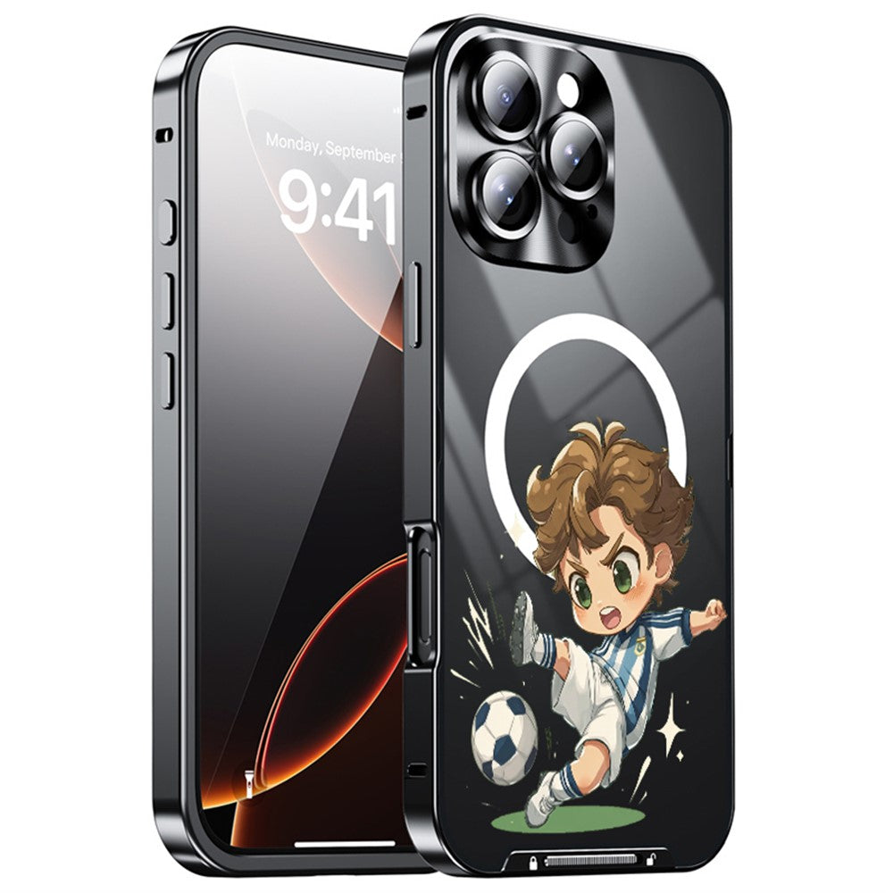 For iPhone 16 Pro Magnetic Case Football Pattern PC+TPU Shockproof Phone Cover with Lens Film