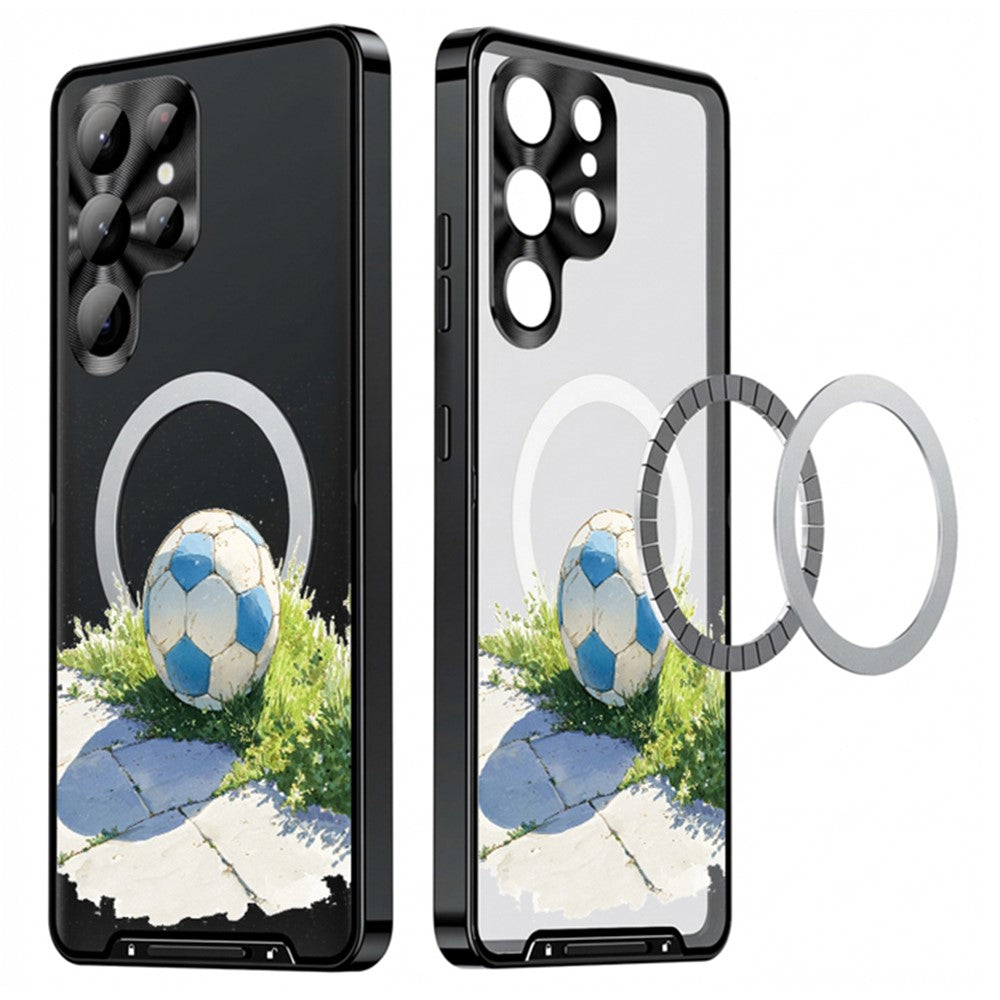 For Samsung Galaxy S25 Ultra Magnetic Case Football Pattern PC+TPU Mobile Phone Cover with Lens Film