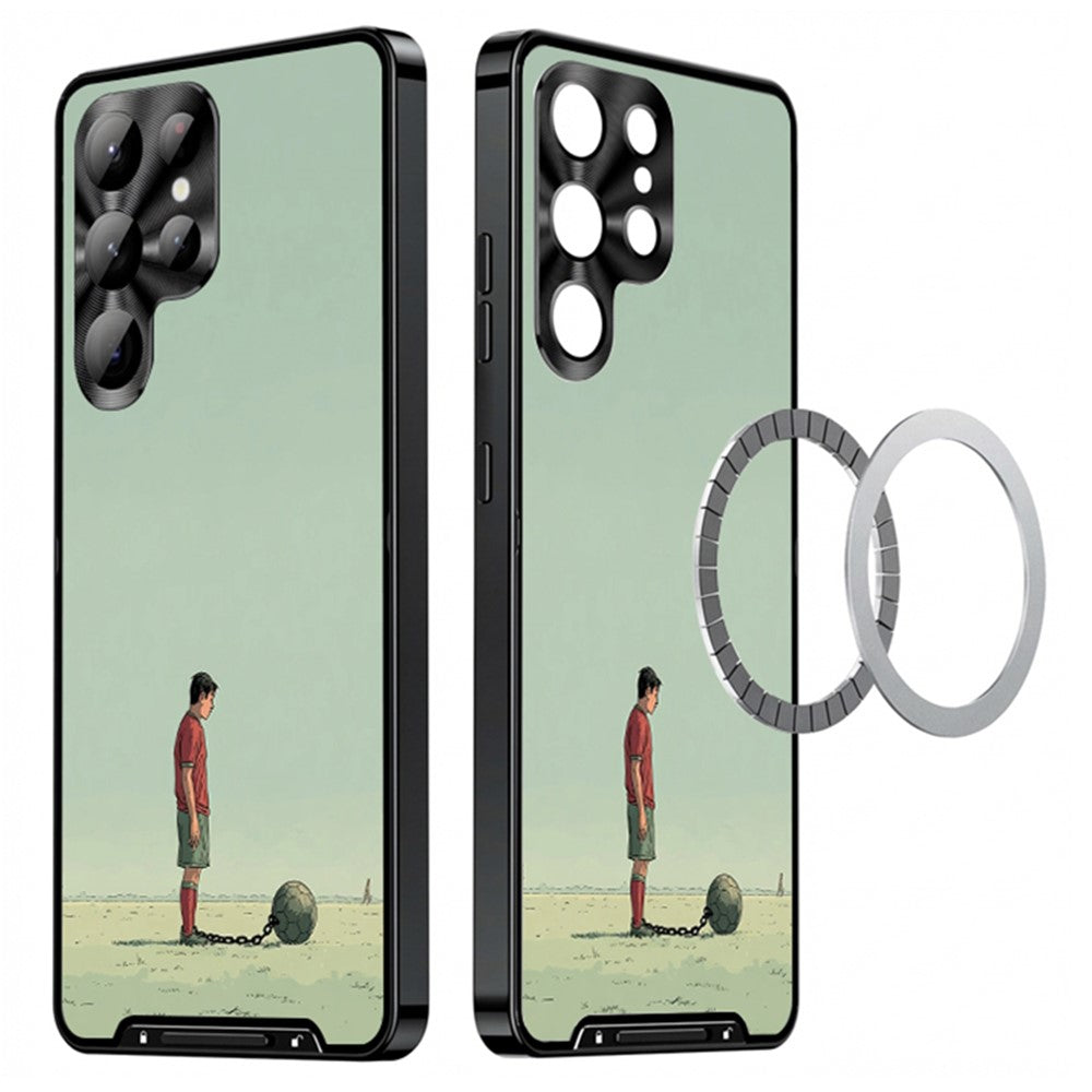 For Samsung Galaxy S25 Ultra Magnetic Case Football Pattern PC+TPU Mobile Phone Cover with Lens Film