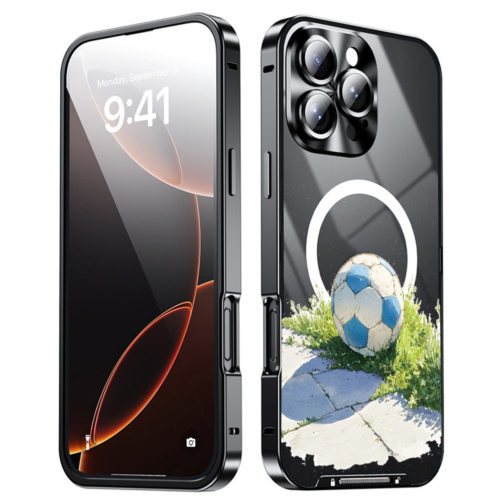 For iPhone 16 Pro Max Magnetic Case Football Pattern PC+TPU Mobile Phone Cover with Lens Film