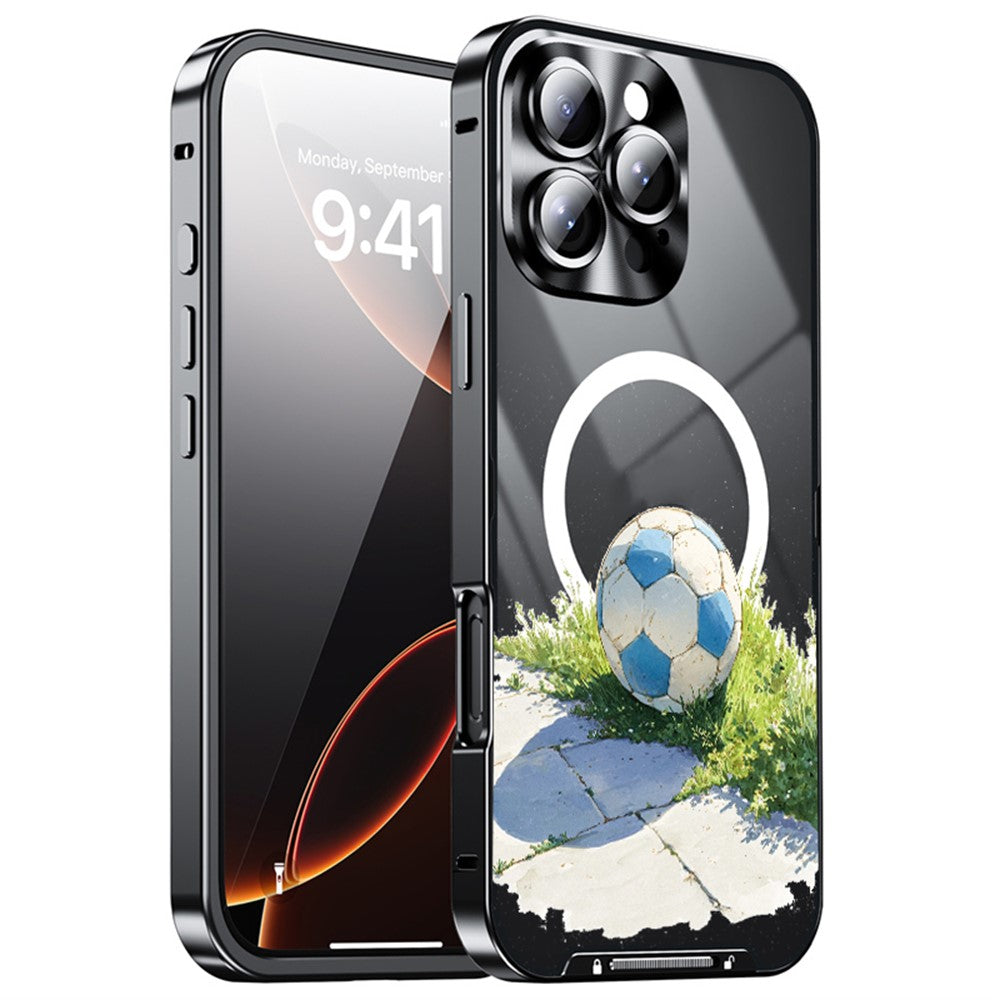 For iPhone 16 Pro Magnetic Case Football Pattern PC+TPU Mobile Phone Cover with Lens Film