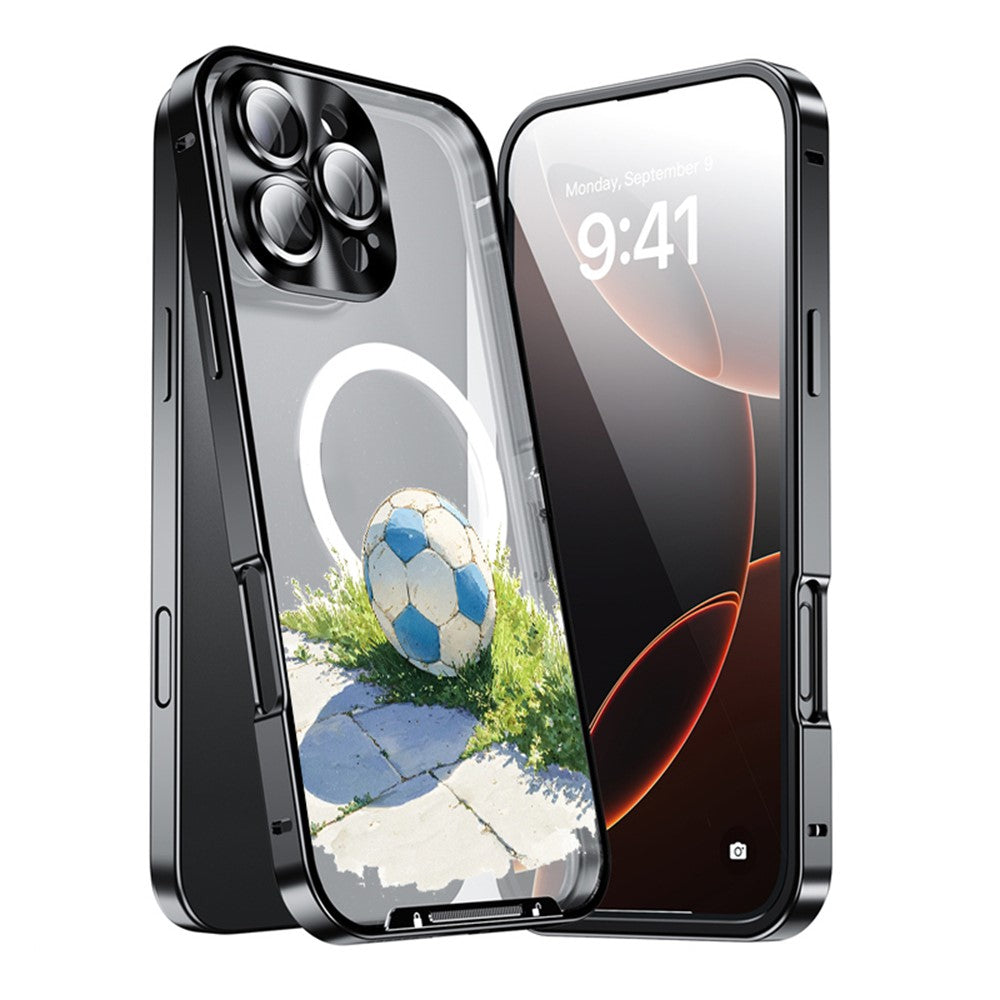 For iPhone 16 Pro Magnetic Case Football Pattern PC+TPU Mobile Phone Cover with Lens Film