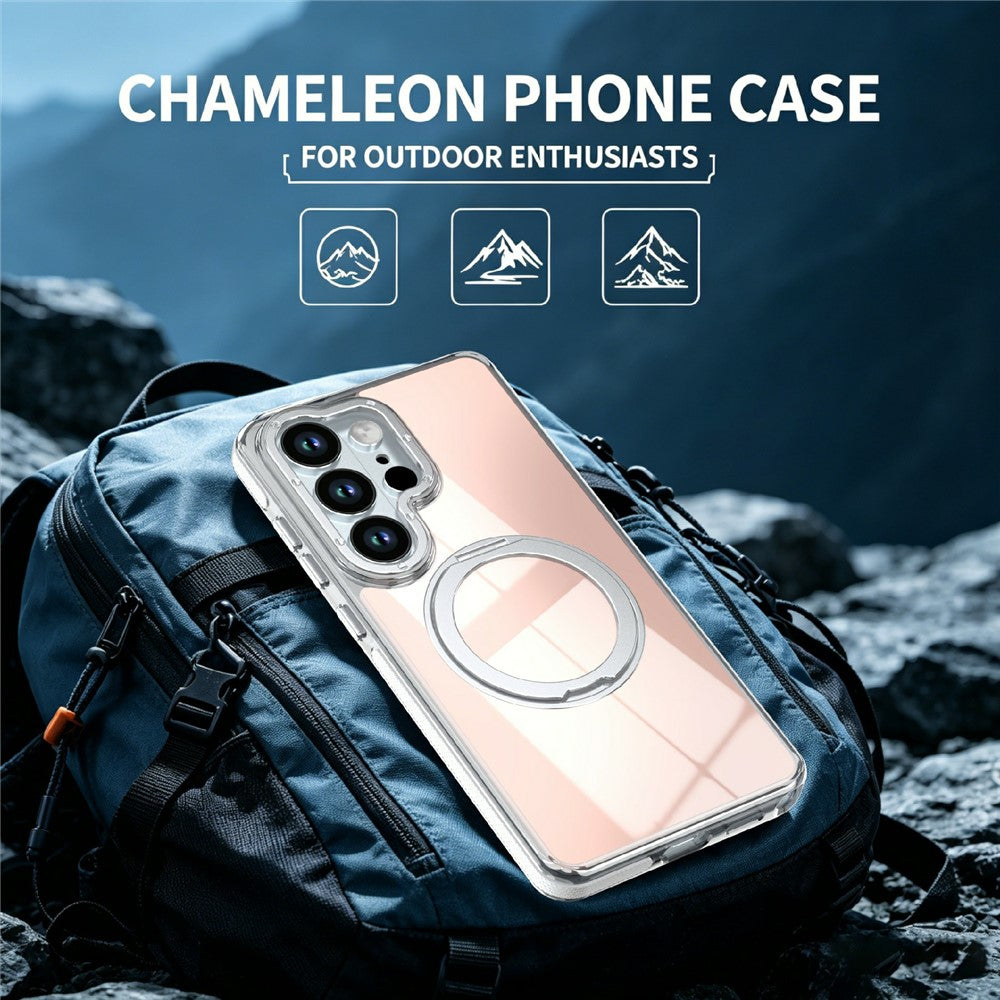 For Samsung Galaxy S25 Ultra Magnetic Case Fluorescent Design TPU Acrylic Phone Back Cover with 360° Rotating Kickstand