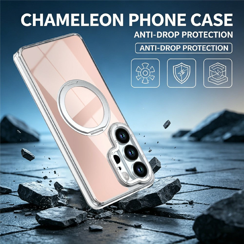 For Samsung Galaxy S25 Ultra Magnetic Case Fluorescent Design TPU Acrylic Phone Back Cover with 360° Rotating Kickstand