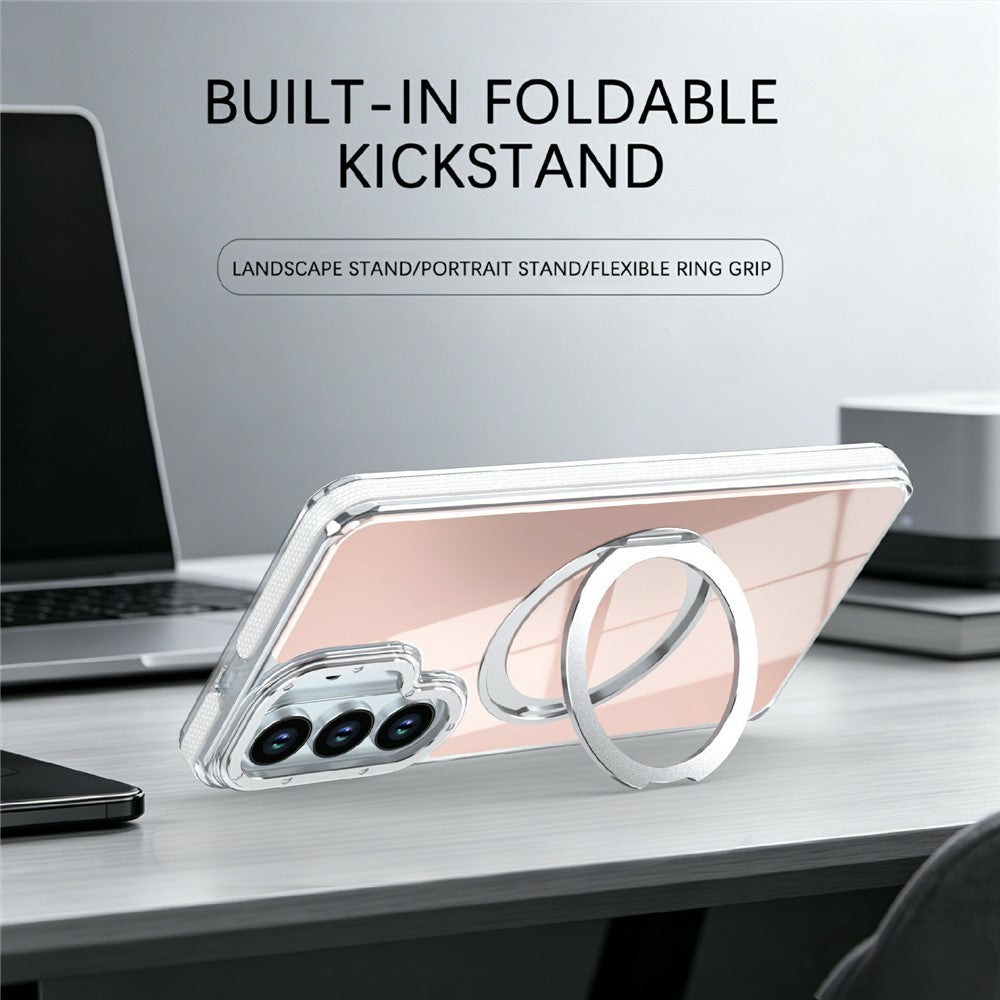For Samsung Galaxy S26+ Magnetic Case Fluorescent Design TPU Acrylic Phone Back Cover with 360° Rotating Kickstand