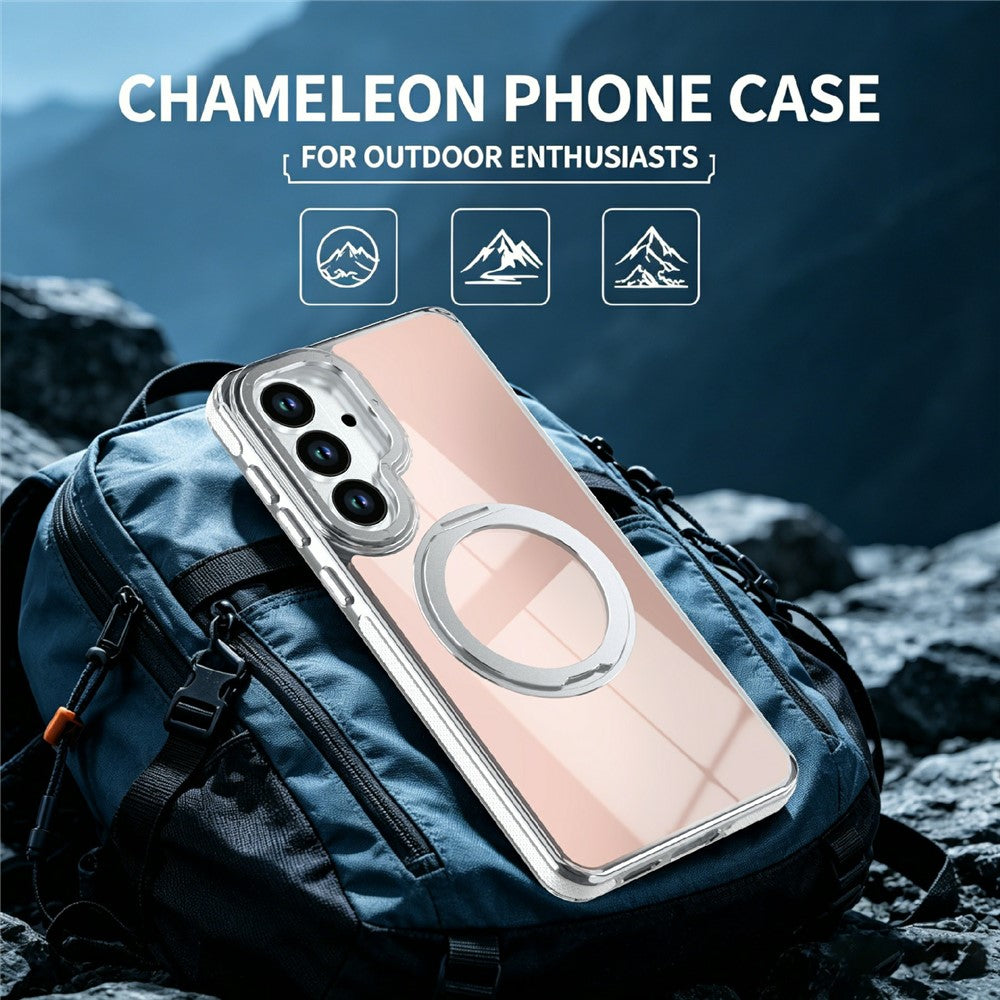 For Samsung Galaxy S26+ Magnetic Case Fluorescent Design TPU Acrylic Phone Back Cover with 360° Rotating Kickstand