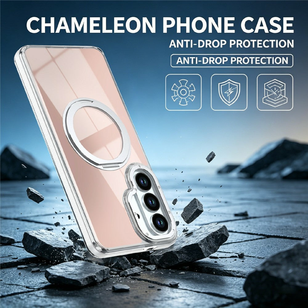 For Samsung Galaxy S26+ Magnetic Case Fluorescent Design TPU Acrylic Phone Back Cover with 360° Rotating Kickstand