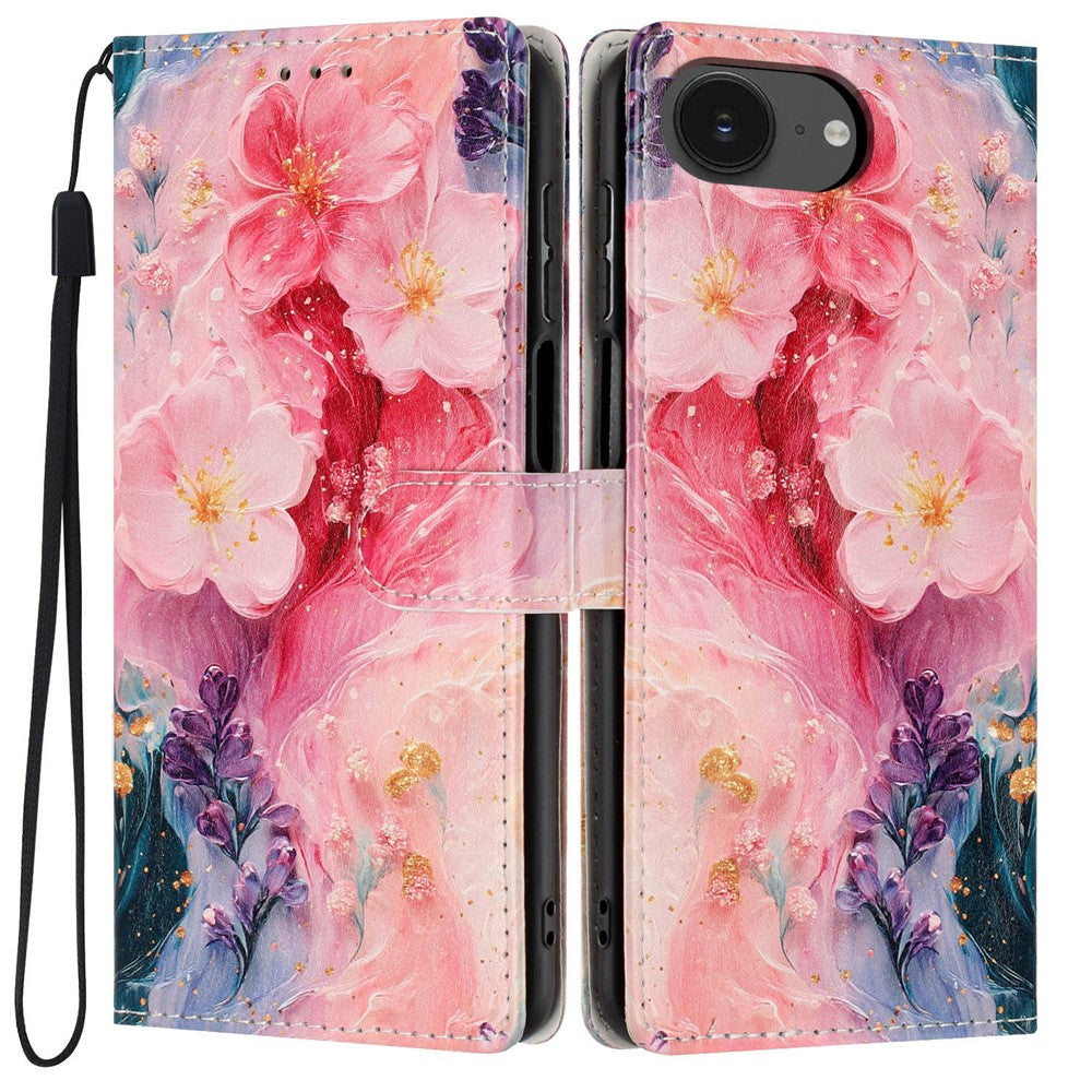 Wallet Case For iPhone 17e  /  16e Pattern Printing PU Leather Stand Flip Phone Cover with Wrist Strap