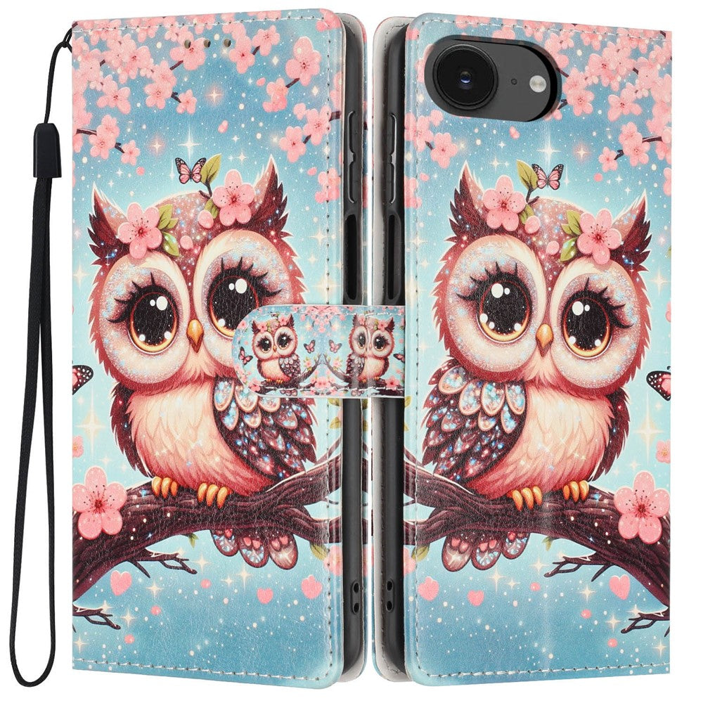 Wallet Case For iPhone 17e  /  16e Pattern Printing PU Leather Stand Flip Phone Cover with Wrist Strap