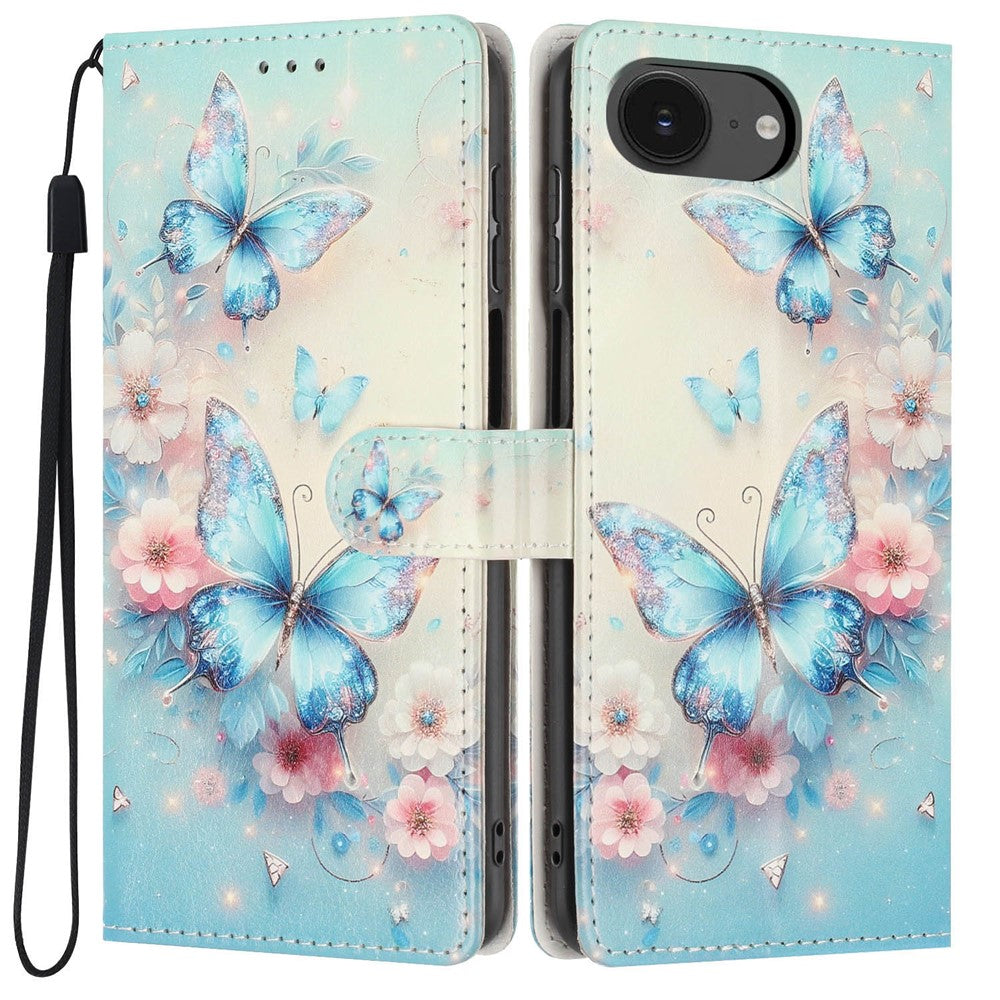 Wallet Case For iPhone 17e  /  16e Pattern Printing PU Leather Stand Flip Phone Cover with Wrist Strap