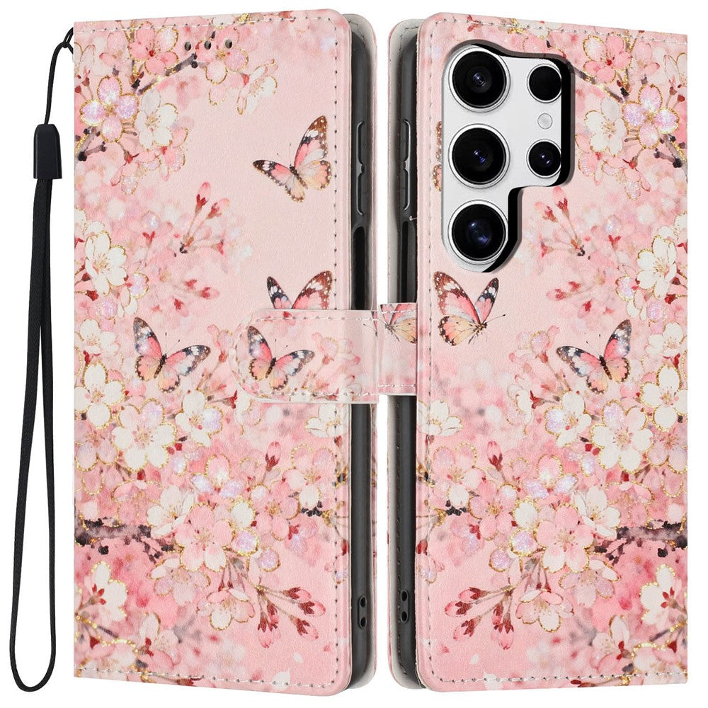 For Samsung Galaxy S25 Ultra Wallet Case Pattern Printing PU Leather Stand Flip Phone Cover with Wrist Strap