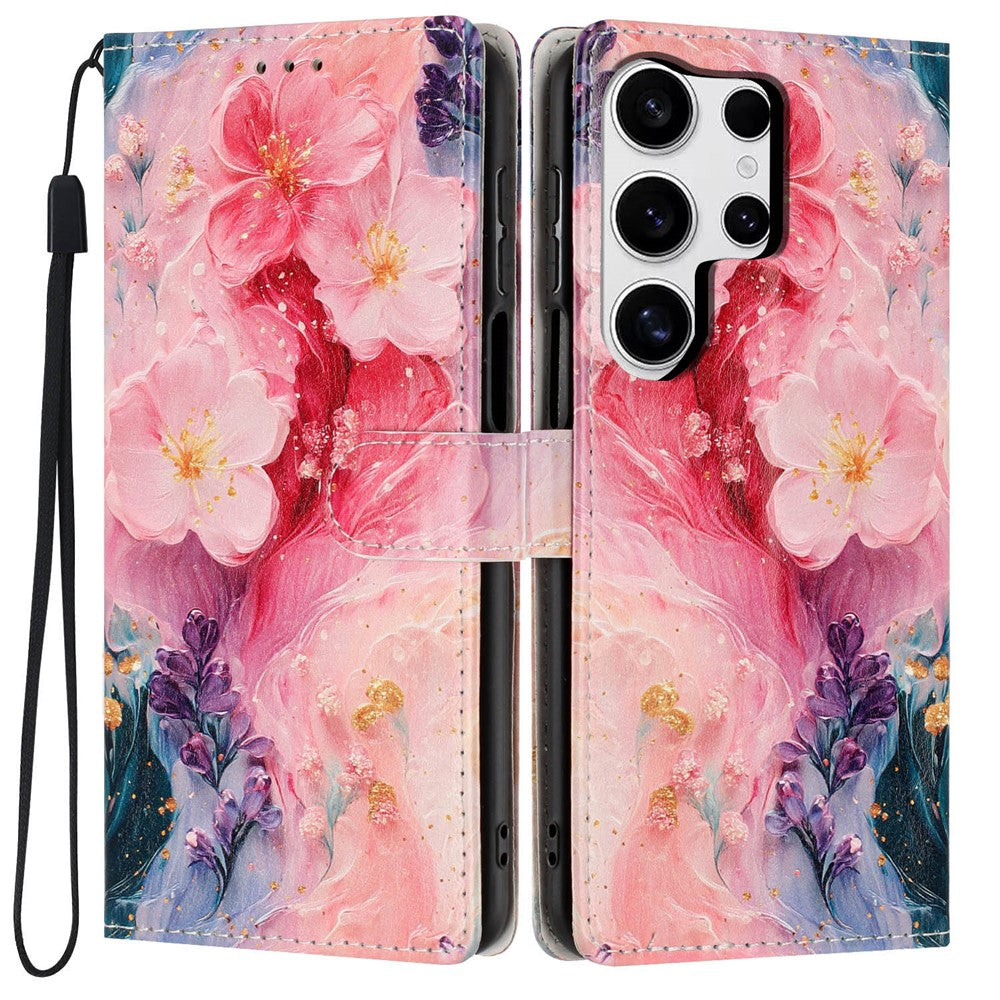 For Samsung Galaxy S25 Ultra Wallet Case Pattern Printing PU Leather Stand Flip Phone Cover with Wrist Strap