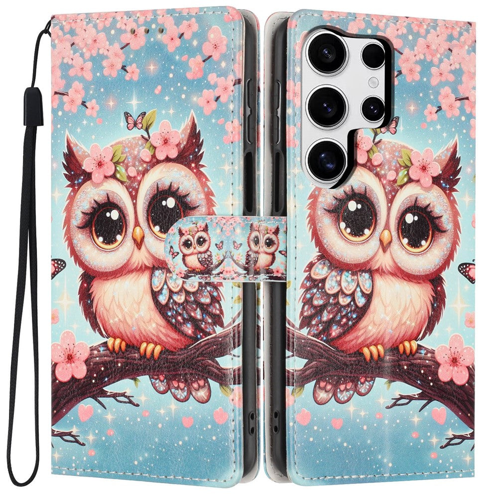 For Samsung Galaxy S25 Ultra Wallet Case Pattern Printing PU Leather Stand Flip Phone Cover with Wrist Strap