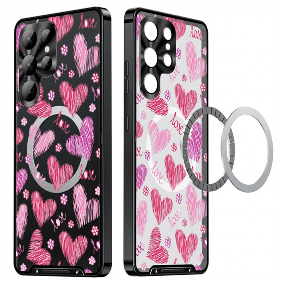 For Samsung Galaxy S25 Ultra Magnetic Case Heart Pattern PC + TPU Phone Cover with Lens Film