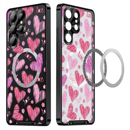 For Samsung Galaxy S25 Ultra Magnetic Case Heart Pattern PC + TPU Phone Cover with Lens Film