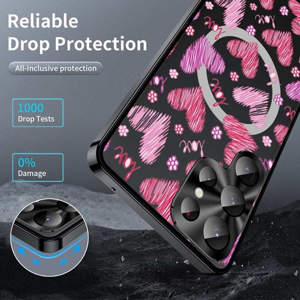 For Samsung Galaxy S25 Ultra Magnetic Case Heart Pattern PC + TPU Phone Cover with Lens Film