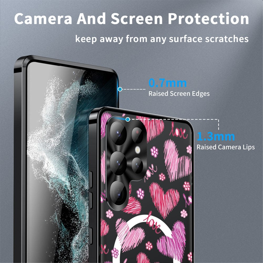 For Samsung Galaxy S25 Ultra Magnetic Case Heart Pattern PC + TPU Phone Cover with Lens Film